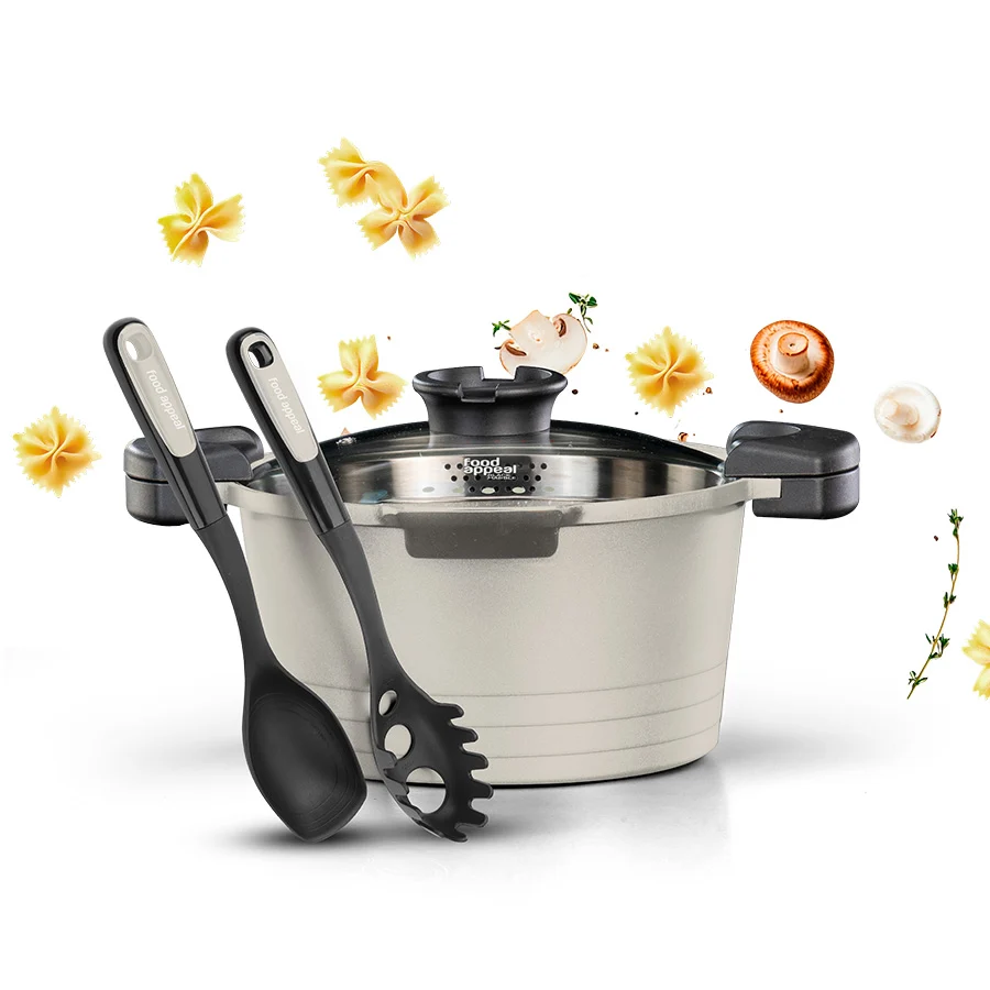 Food Appeal Pasta Black Marble Pasta Casserole 24 cm with Pasta Spoon & Serving Spoon | Cream.webp