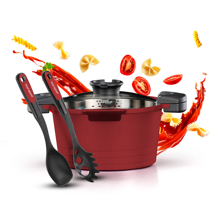 Food Appeal Pasta Black Marble Pasta Casserole 24 cm with Pasta Spoon & Serving Spoon | Red.webp