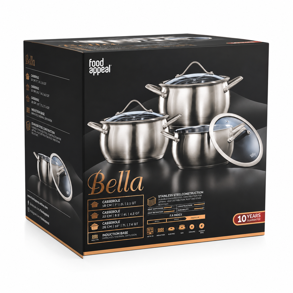 Food Appeal BELLA Stainless Steel Cookware Set – 6 Pieces | 18/22/26 cm