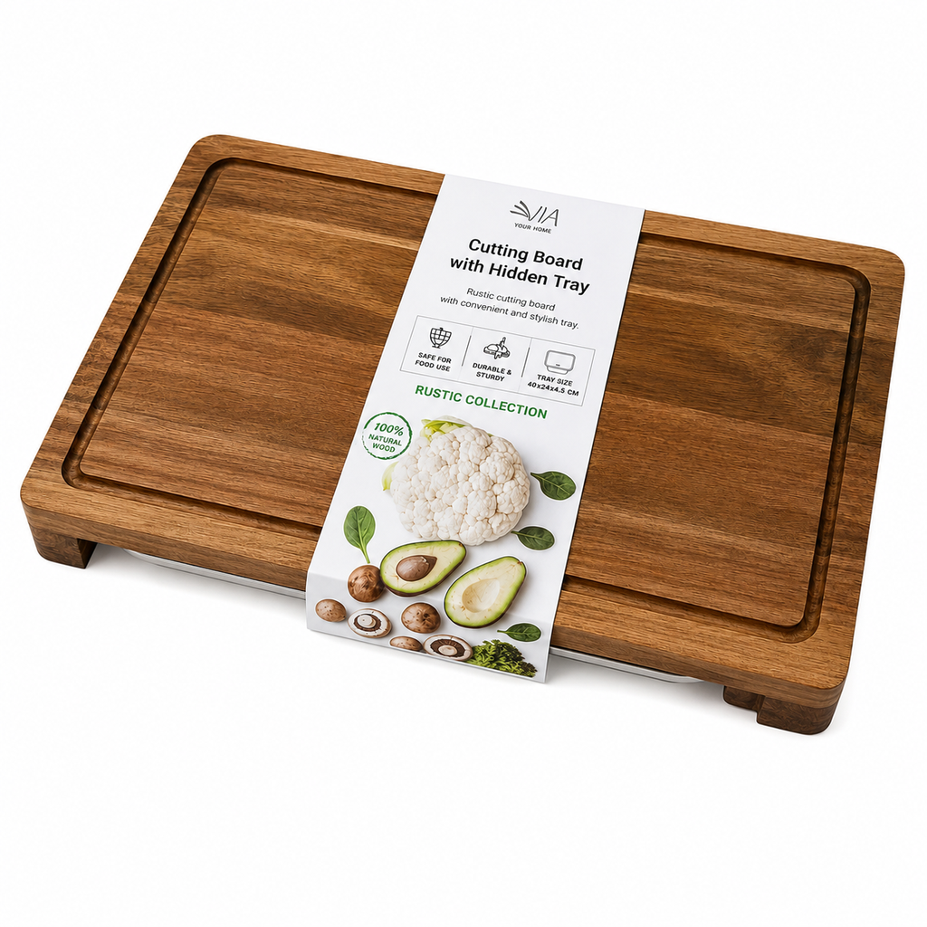 VIA Acacia Wood Cutting Board with Stainless Steel Tray Rustic Collection – 40 × 24 × 4.5 cm