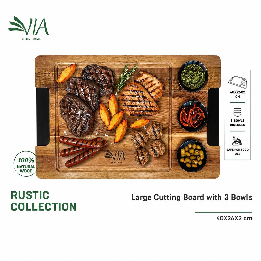 [X HOME] VIA Acacia Wood Serving Board with 3 Bowls Rustic Collection – 40 × 26 × 2 cm