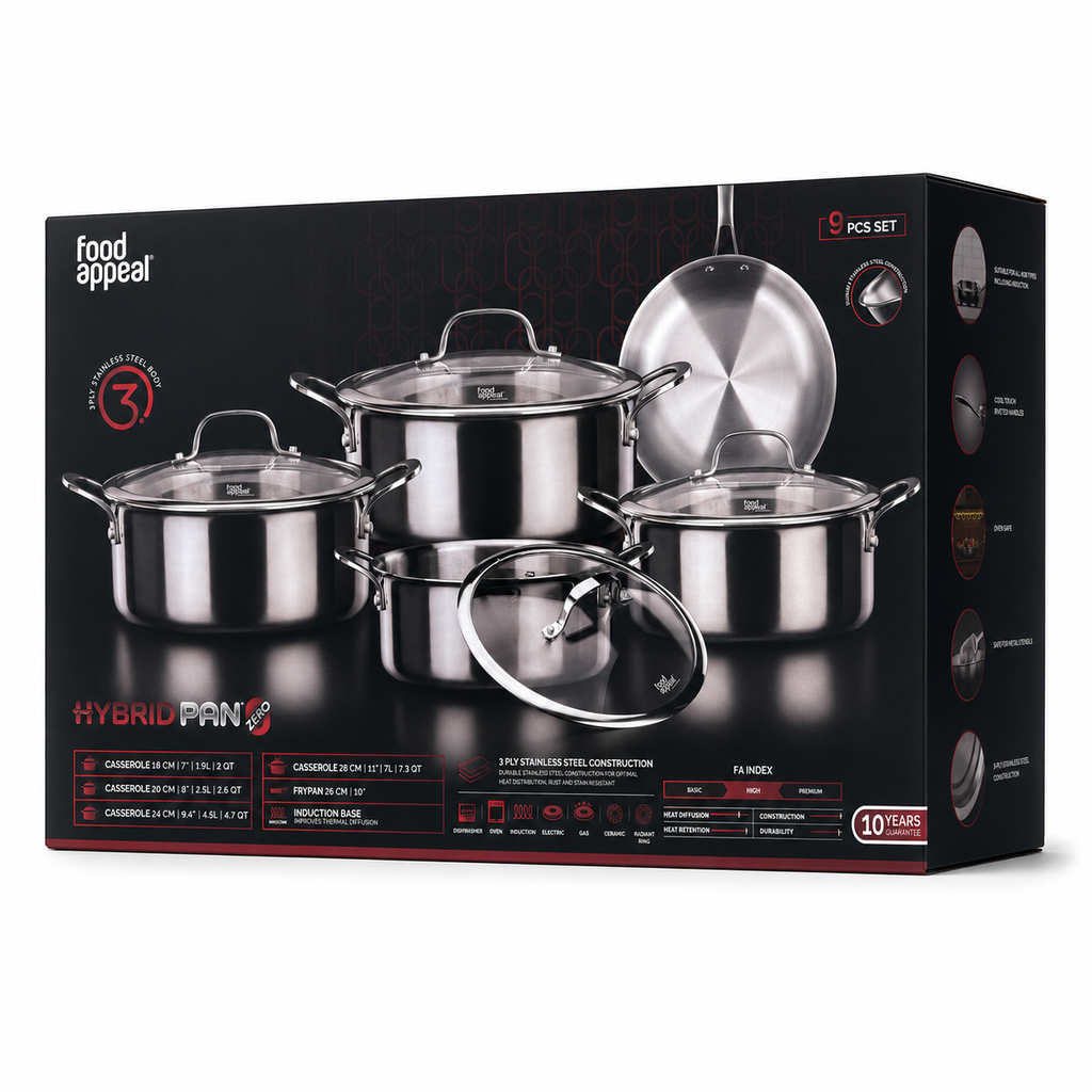 Food Appeal HYBRIDPAN ZERO 9-Piece 3-Ply Stainless Steel Cookware Set