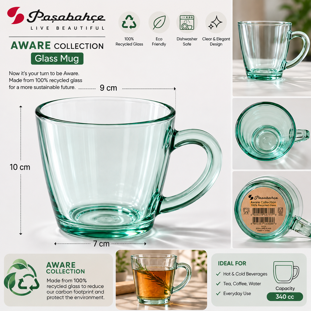Paşabahçe Aware Collection Recycled Glass Mug – 340 cc