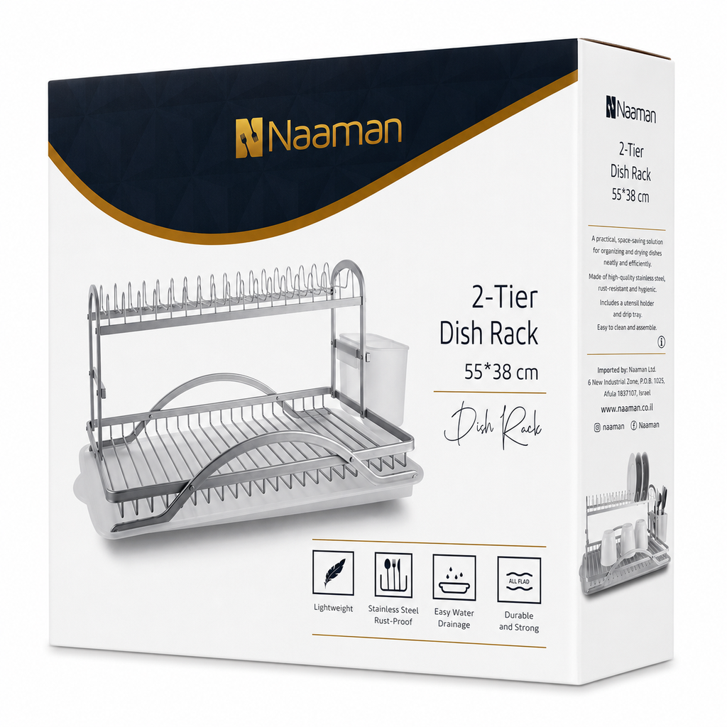 Naaman 2-Tier Stainless Steel Dish Rack with Drip Tray & Cutlery Holder – 55 × 38 cm