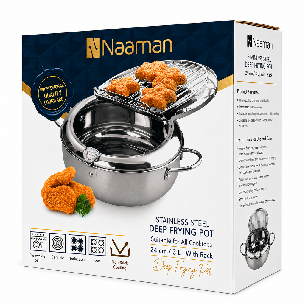 Naaman Stainless Steel Deep Frying Pot with Thermometer & Frying Rack – 24 cm / 3 L