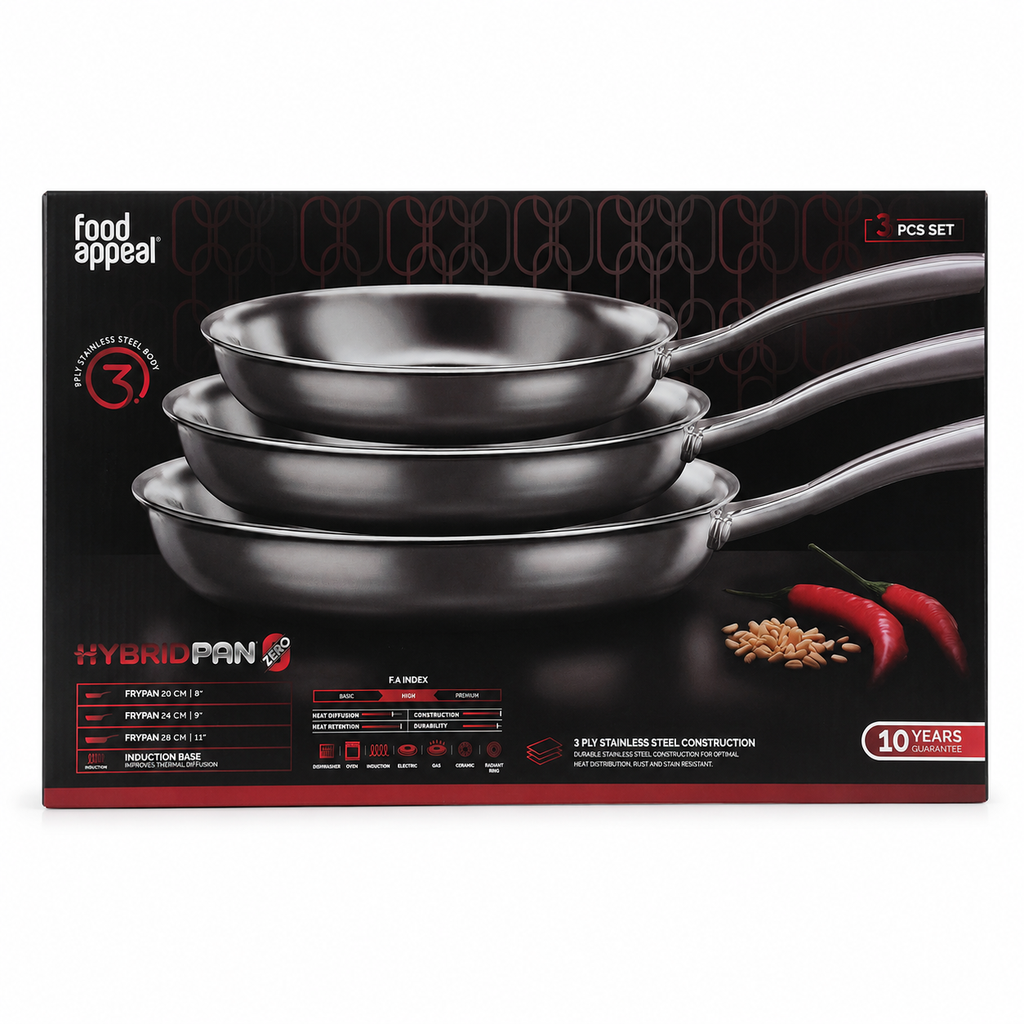 Food Appeal HybridPan Zero 3-Ply Stainless Steel Fry Pan Set – 3 Pieces