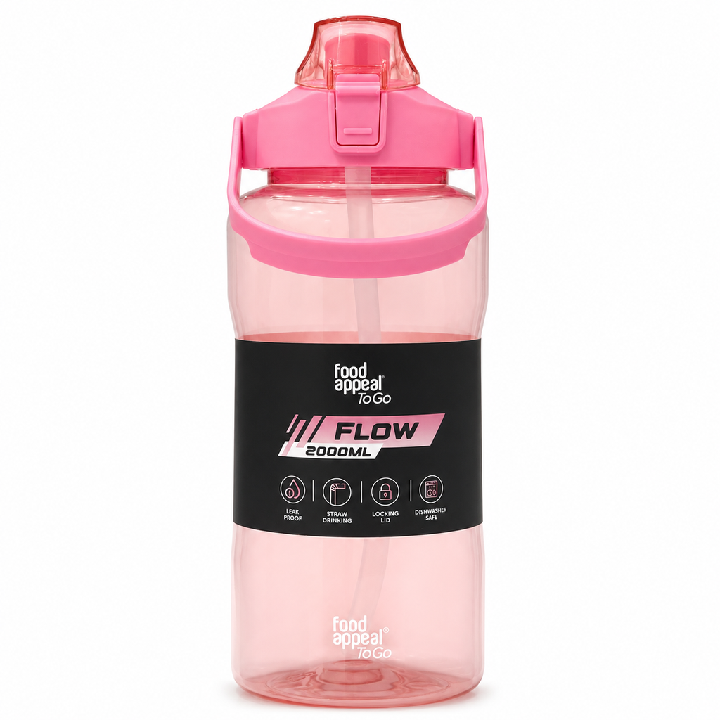 Food Appeal ToGo FLOW Sports Water Bottle with Straw & Clip Handle – 2000ml (Pink)