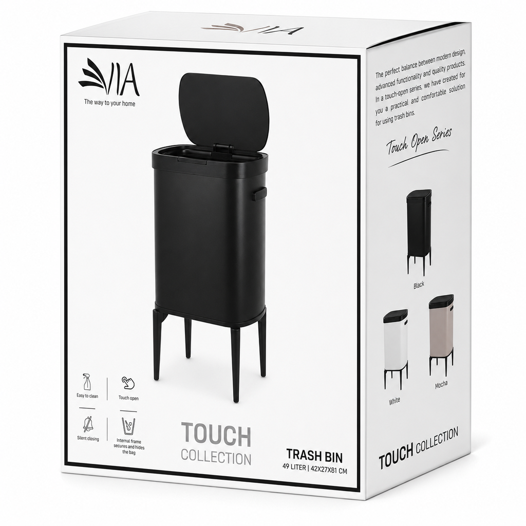 VIA Touch Collection Trash Bin with Legs – 49L – Black