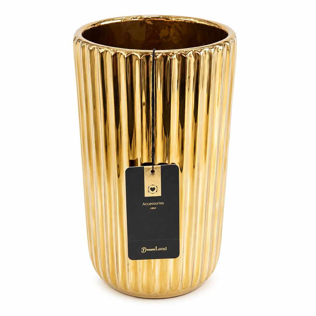 DreamLand Ribbed Gold Decorative Vase – 12.5x22 cm
