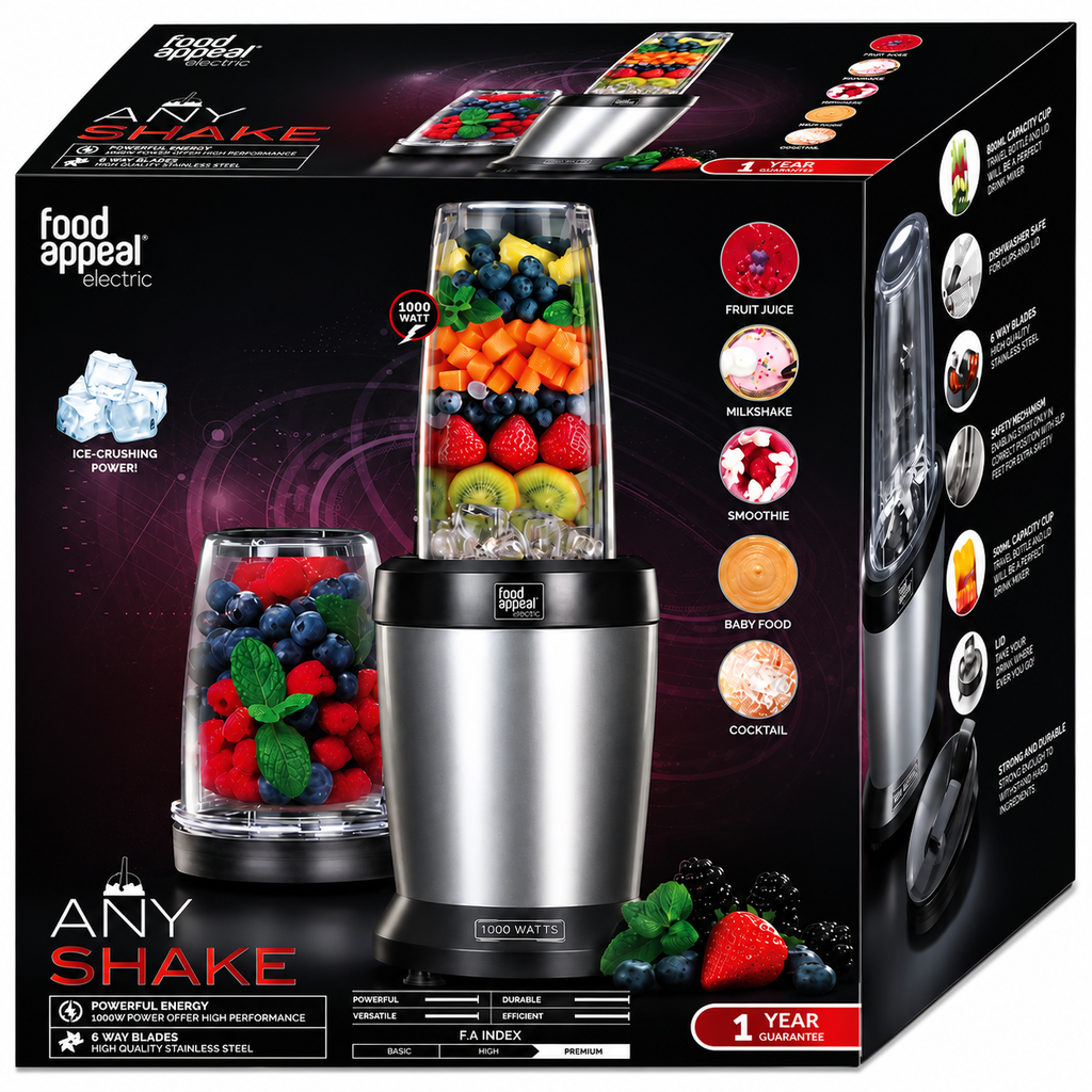 Food Appeal Electric ANY SHAKE Blender – 1000W Personal Blender with 2 Portable Cups