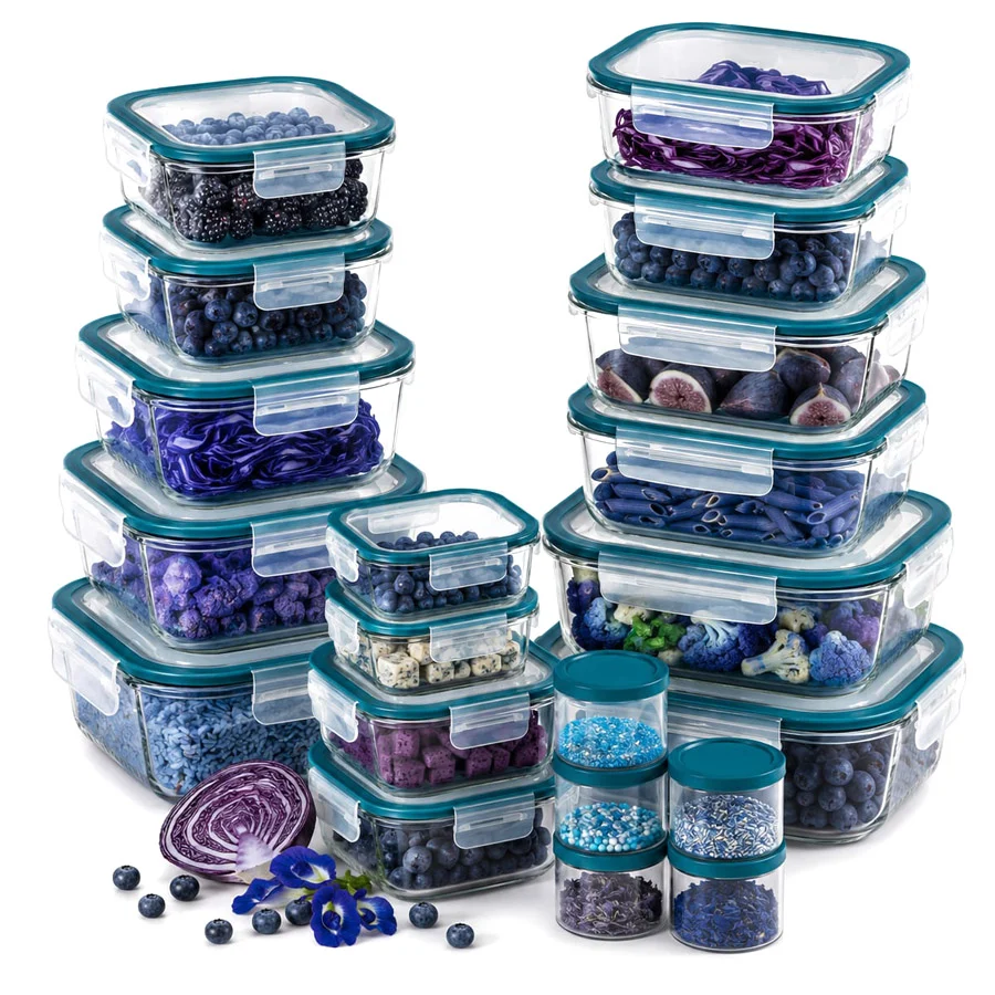 Food Appeal GLASS CLOC Glass Food Storage Containers with Snap Locking Lids 20 Pcs | Turquoise