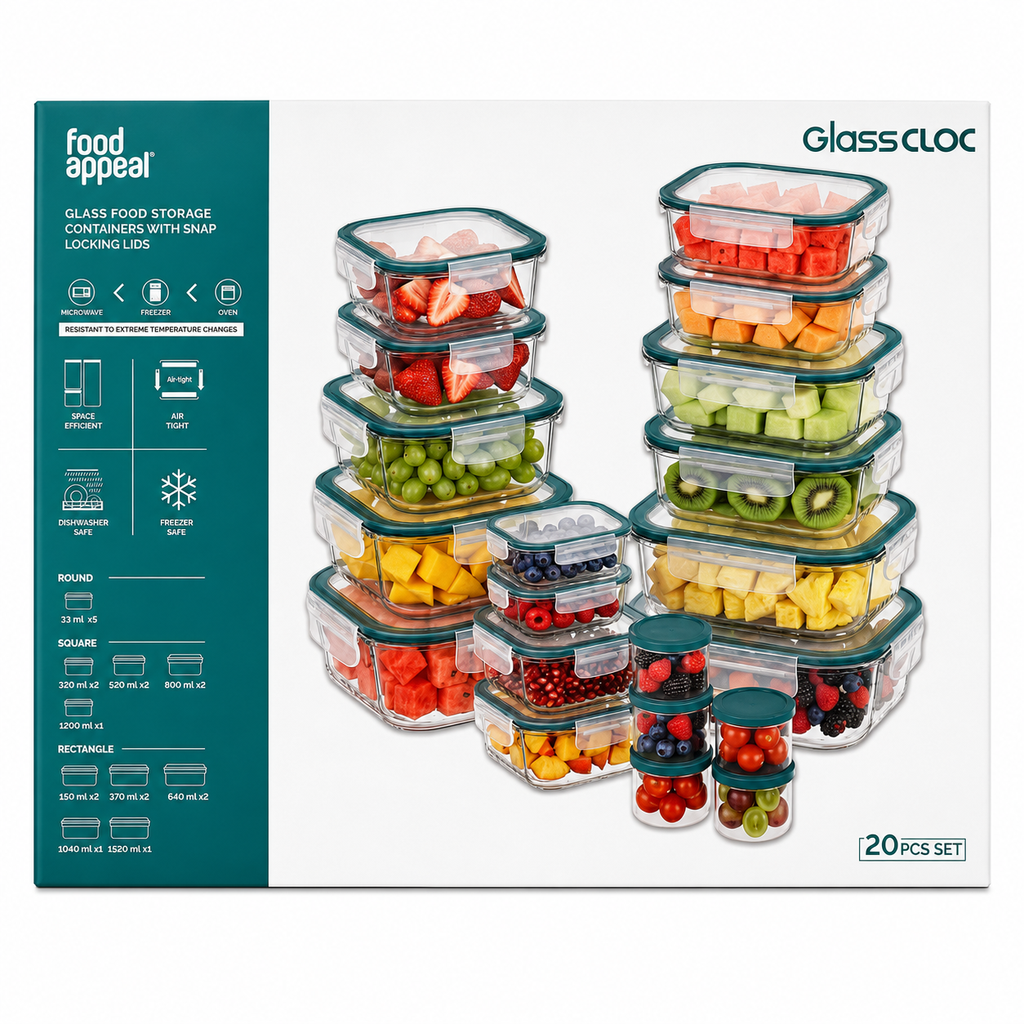 Food Appeal GLASS CLOC Glass Food Storage Containers with Snap Locking Lids 20 Pcs | Turquoise