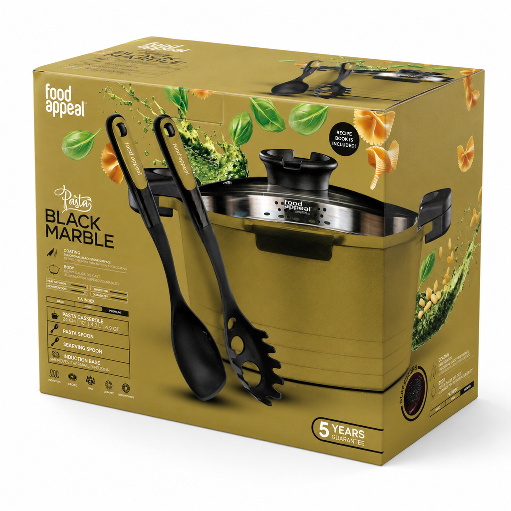Food Appeal Pasta Black Marble Pasta Casserole 24 cm with Pasta Spoon & Serving Spoon | Green