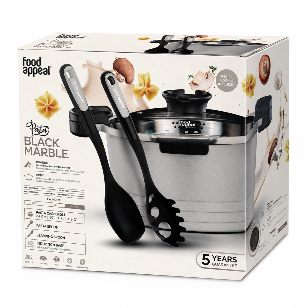 Food Appeal Pasta Black Marble Pasta Casserole 24 cm with Pasta Spoon & Serving Spoon | Cream