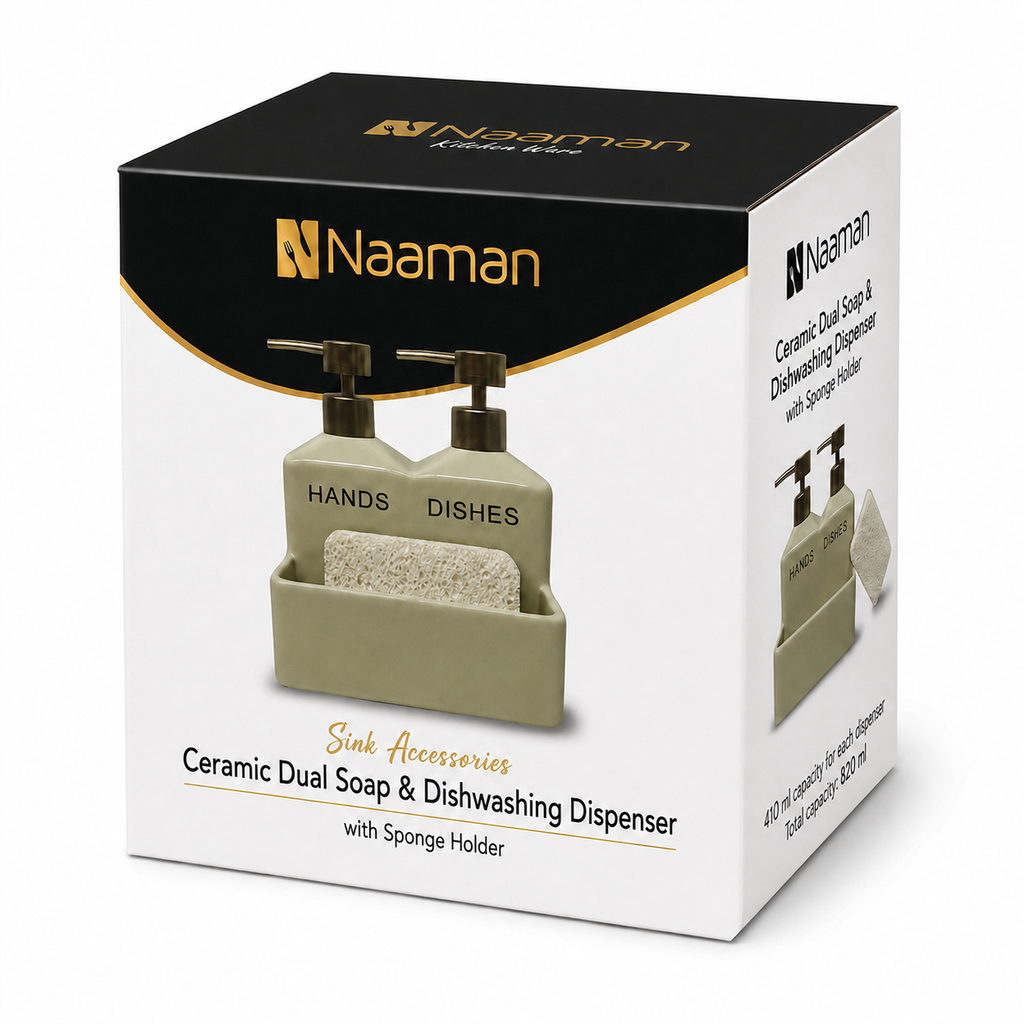 Naaman Ceramic Dual Soap & Dishwashing Dispenser with Sponge Holder – 410 ml Each