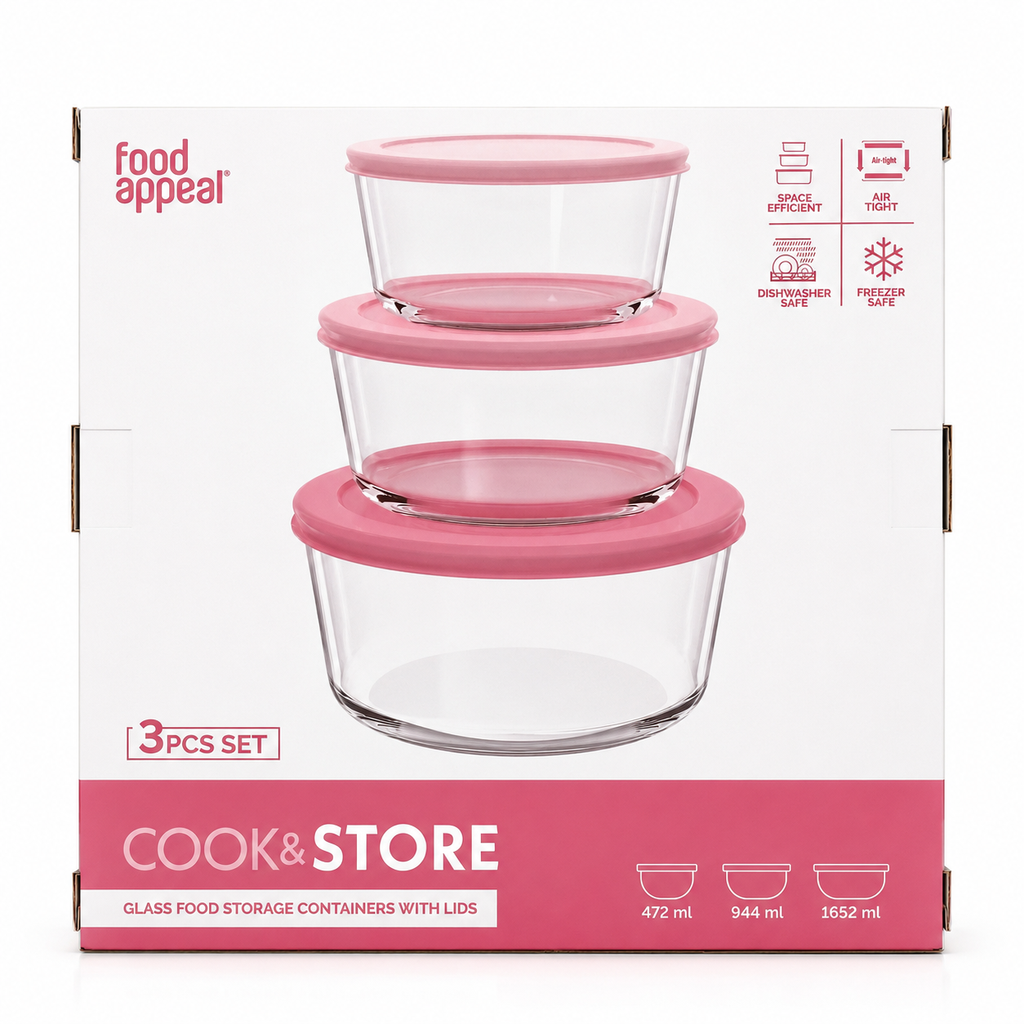 Food Appeal Cook & Store Round Glass Containers With Lids - 3 pcs Set | Pink