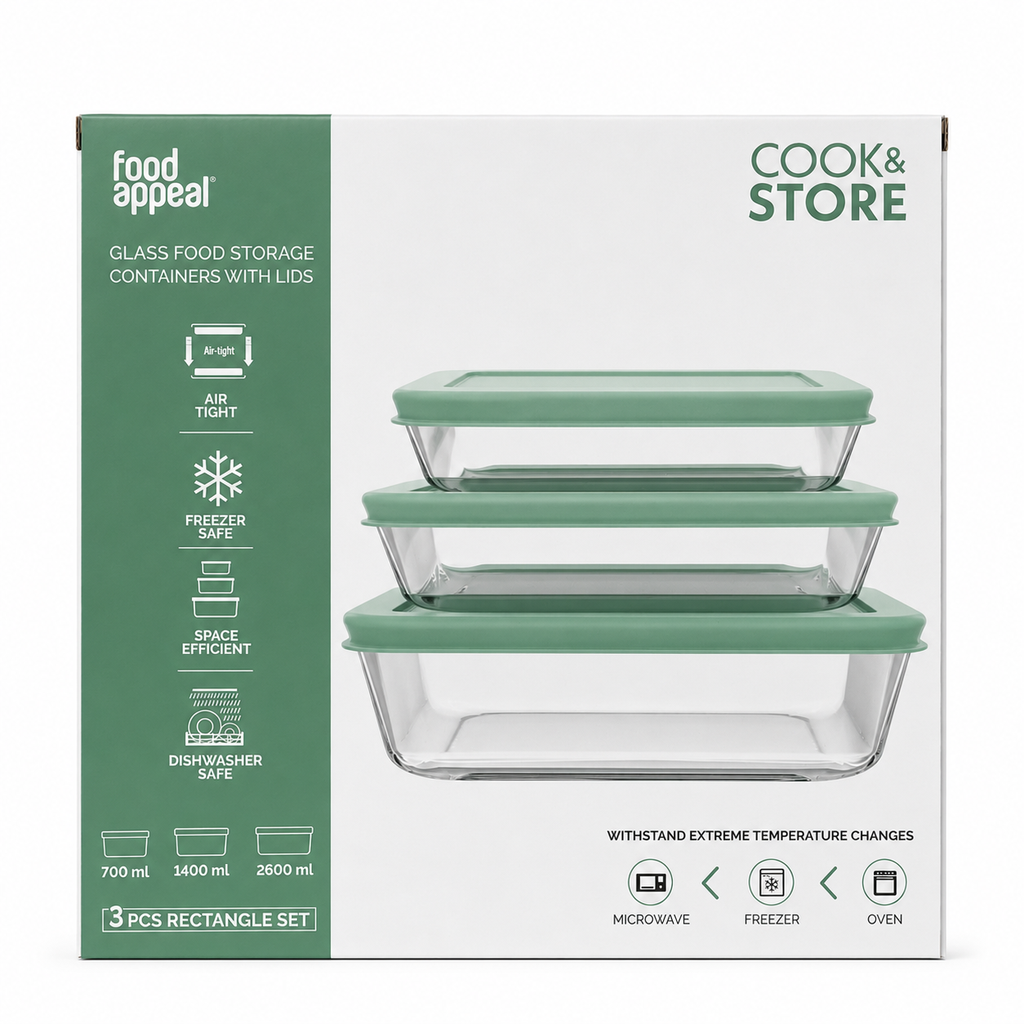 Food Appeal Cook & Store Glass Containers With Lids - 3 pcs Set | Green