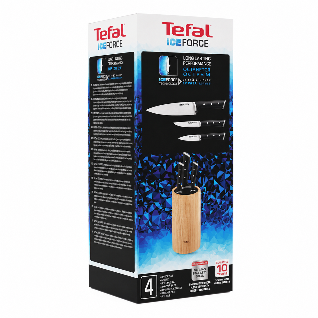 Tefal Ice Force Knife Set with Wooden Universal Knife Block – 4 Pieces