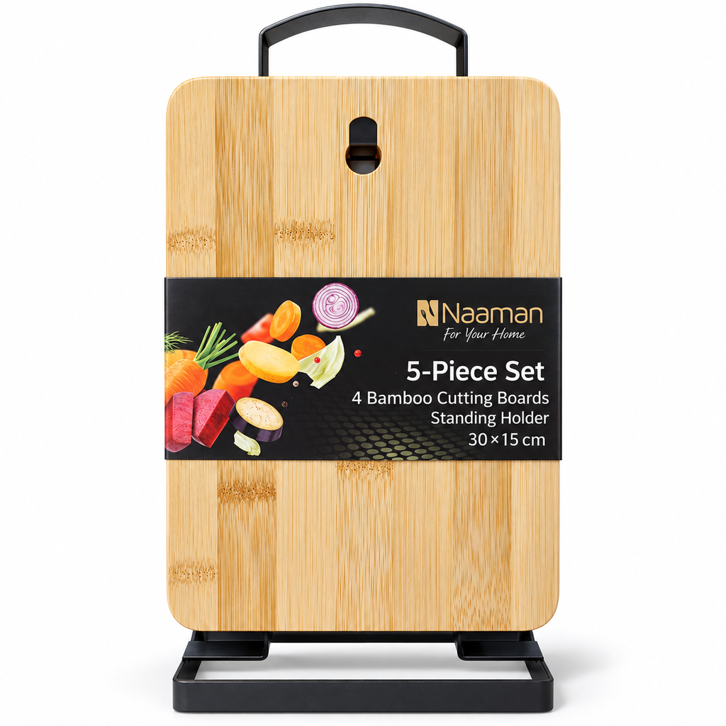 Naaman 5-Piece Bamboo Cutting Board Set with Iron Stand