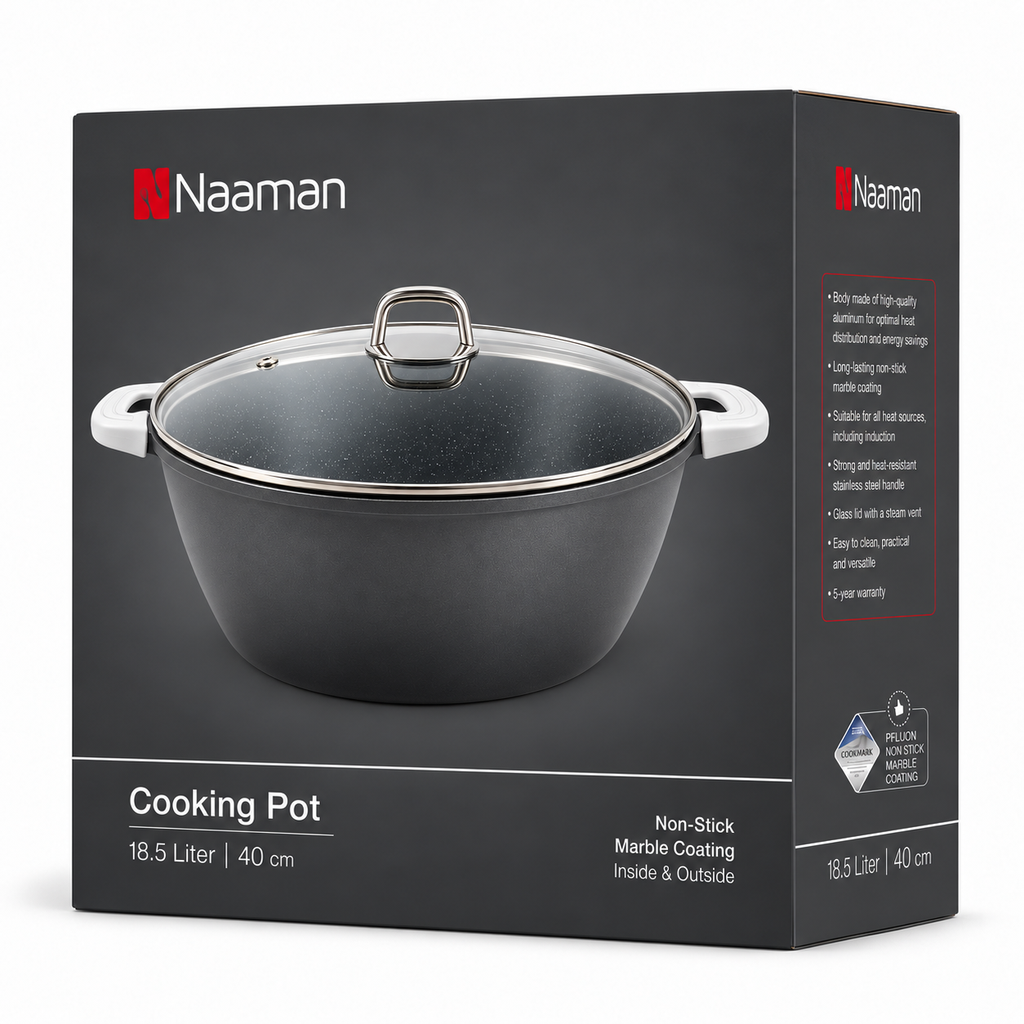Naaman Marble Non-Stick Cooking Pot with Glass Lid & Silicone Handle Sleeves – 40 cm | 18.5 L