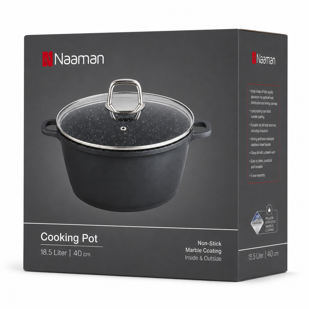 Naaman Marble Non-Stick Cooking Pot with Glass Lid & Silicone Handle Sleeves – 40 cm / 18.5 L