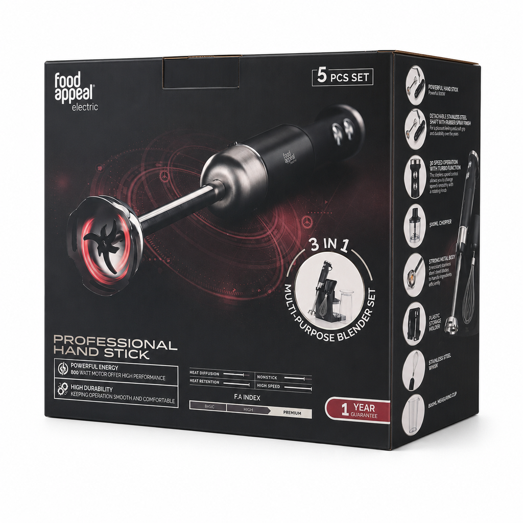 Food Appeal Electric Professional Hand Stick Blender – 5-Piece Set