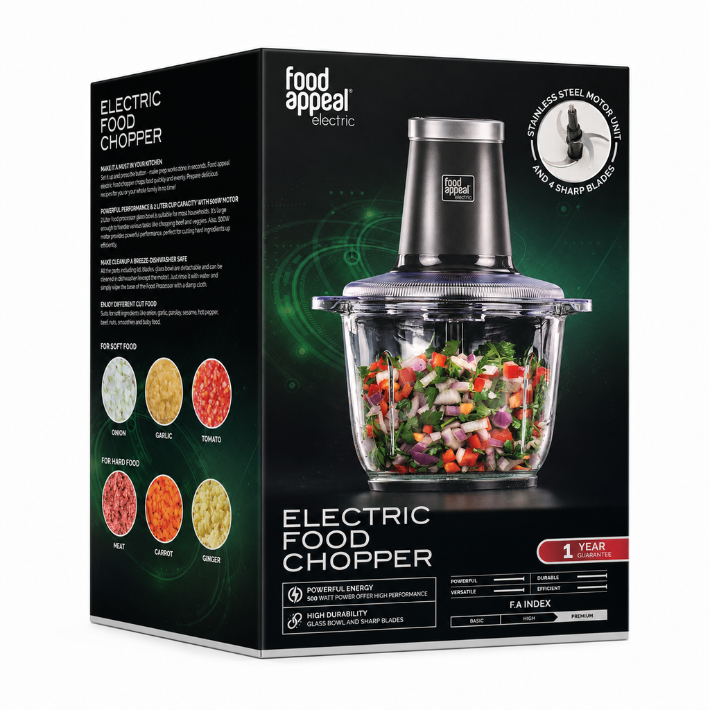 Food Appeal Electric Food Chopper – 500W, 2L Glass Bowl